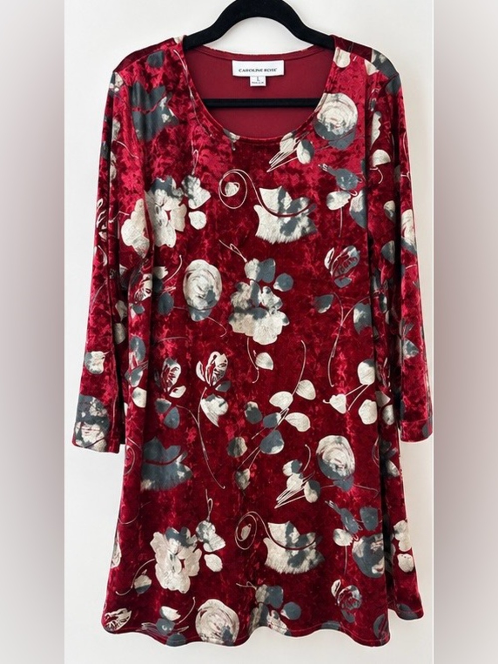 Caroline Rose Velvet Floral A-Line Dress Pockets Red Size L Made USA